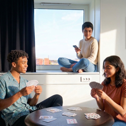 Tre personer hygger på et værelse og spiller kort