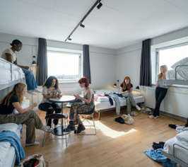 Group of young people in a shared room with bunk beds