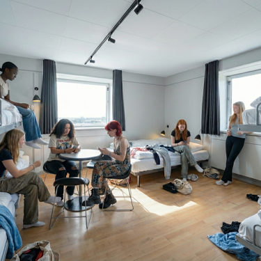 Group of young people in a shared room with bunk beds