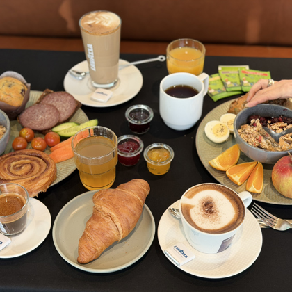 Breakfast table with coffee, bread and cold cuts