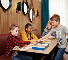 Children playing a game at a table in a family-friendly restaurant