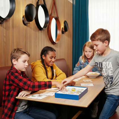 Children playing a game at a table in a family-friendly restaurant