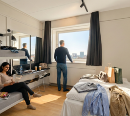 Guests staying in a modern room with large windows