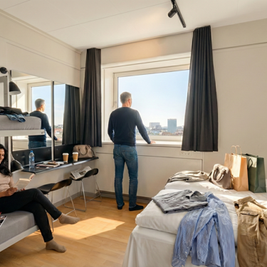 Guests staying in a modern room with large windows