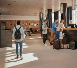 Large lobby area with reception, guests and seating